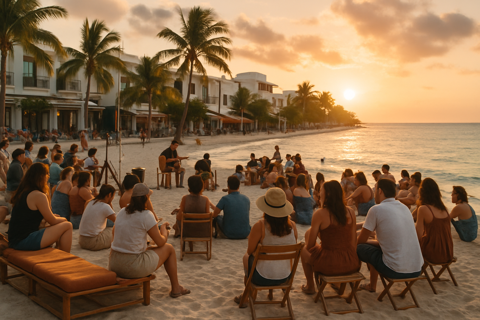Fiesta en la playa al atardecer